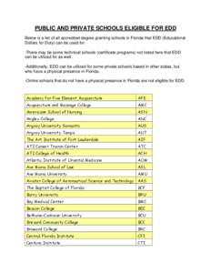 PUBLIC AND PRIVATE SCHOOLS ELIGIBLE FOR EDD Below is a list of all accredited degree granting schools in Florida that EDD (Educational Dollars for Duty) can be used for. -There may be some technical schools (certificate 