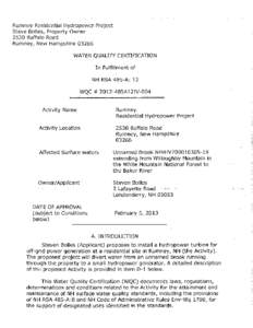 Rumney Residential Hydropower Project Steve Bolles, Property Owner 2530 Buffalo Road Rumney, New Hampshire[removed]WATE R QUALITY CERTIFICATIO N