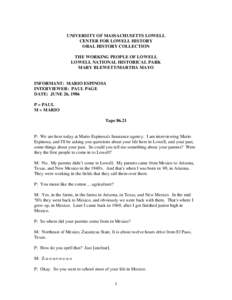 UNIVERSITY OF MASSACHUSETTS LOWELL CENTER FOR LOWELL HISTORY ORAL HISTORY COLLECTION THE WORKING PEOPLE OF LOWELL LOWELL NATIONAL HISTORICAL PARK MARY BLEWETT/MARTHA MAYO