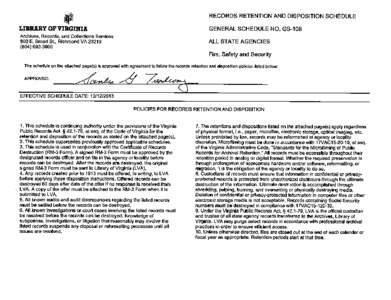 RECORDS RETENTION AND DISPOSITION SCHEDULE GENERAL SCHEDULE NO. GS-108 Archives, Records, and Collections Services 800 E. Broad St., Richmond VA3600