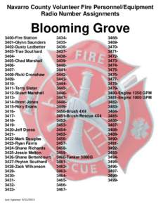 Navarro County Volunteer Fire Personnel/Equipment Radio Number Assignments Blooming Grove 3400-Fire Station 3401-Glynn Saunders