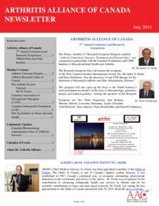 ARTHRITIS ALLIANCE OF CANADA NEWSLETTER July 2014 ARTHRITIS ALLIANCE OF CANADA  Inside this issue: