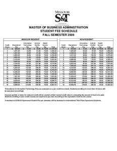 MASTER OF BUSINESS ADMINISTRATION STUDENT FEE SCHEDULE FALL SEMESTER 2009 MISSOURI RESIDENT Credit Hours