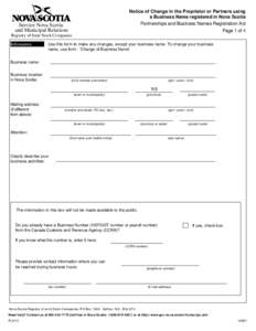 Notice of Change in the Proprietor or Partners using a Business Name registered in Nova Scotia Partnerships and Business Names Registration Act