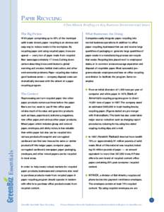 PAPER RECYCLING A Two-Minute Briefing on Key Business Environmental Issues The Big Picture What Businesses Are Doing