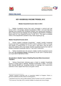PRESS RELEASE  KEY HOUSEHOLD INCOME TRENDS, 2013 Median Household Income Grew in[removed].