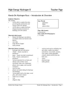 High Energy Hydrogen II  Teacher Page Hands-On Hydrogen Race – Introduction & Overview Students Objective