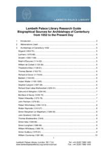 Lambeth Palace Library Research Guide Biographical Sources for Archbishops of Canterbury from 1052 to the Present Day 1  Introduction.......................................................................................