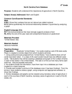 8th Grade North Carolina Farm Database Purpose: Students will understand the importance of agriculture in North Carolina. Subject Area(s) Addressed: Math and English Common Core/Essential Standards: Math