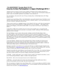 --The INDEPENDENT, Thursday, March 20, 2014  County Invites Participation in Apps Challenge[removed]Alameda County will continue its push for greater community participation and government transparency on Saturday, May 3,