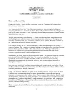 STATEMENT PETER T. KING before the COMMITTEE ON FINANCIAL SERVICES _____________