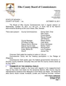 Elko County Board of Commissioners Commissioners Demar Dahl Glen Guttry Charlie Myers Warren Russell