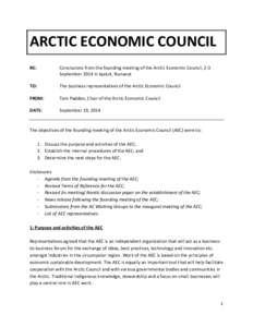 ARCTIC ECONOMIC COUNCIL RE: Conclusions from the founding meeting of the Arctic Economic Council, 2-3 September 2014 in Iqaluit, Nunavut