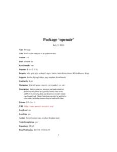 Package ‘openair’ July 2, 2014 Type Package Title Tools for the analysis of air pollution data Version 1.0 Date[removed]