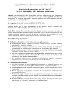 Copyright© 2004, School of Meteorology, University of Oklahoma. RevKnowledge Expectations for METR 4233 Physical Meteorology III: Radiation and Climate Purpose: This document describes the principal concepts, te