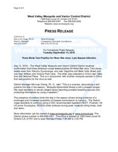 Page 1 of 1  West Valley Mosquito and Vector Control District 1295 East Locust St. Ontario CA[removed]Telephone[removed]Fax[removed]Website: www.wvmosquito.org