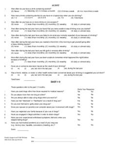 AUDIT 1. How often do you have a drink containing alcohol? (1) Monthly[removed]times a month (0) Never