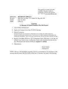 This agenda was posted and made available to the news media in compliance with the open meeting law. View @ www.mayvillecity.com  MEETING: