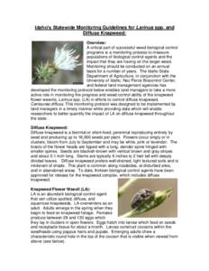 Idaho’s Statewide Monitoring Guidelines for Larinus spp. and Diffuse Knapweed: Overview: A critical part of successful weed biological control programs is a monitoring process to measure populations of biological contr