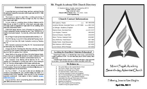 Mt. Pisgah Academy SDA Church Directory Announcements A great Big thank you to David Young, Joel Davis, and Kevin Crary for