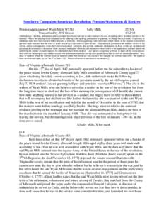 Southern Campaign American Revolution Pension Statements & Rosters Pension application of Wyatt Mills W5381 Transcribed by Will Graves Sally Mills