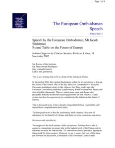 Speech by the European Ombudsman, Mr Jacob Söderman Round Table on the Future of Europe