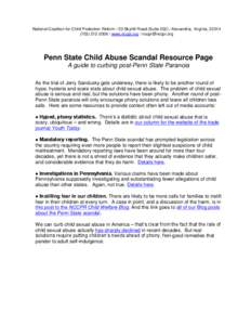 National Coalition for Child Protection Reform / 53 Skyhill Road (Suite[removed]Alexandria, Virginia, [removed][removed]www.nccpr.org / [removed] Penn State Child Abuse Scandal Resource Page A guide to curbing 