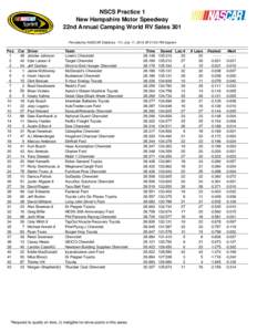 NSCS Practice 1 New Hampshire Motor Speedway 22nd Annual Camping World RV Sales 301 Provided by NASCAR Statistics - Fri, July 11, 2014 @ 01:03 PM Eastern  Pos