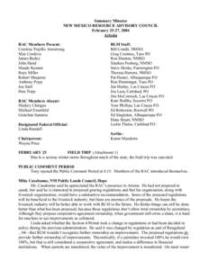 Summary Minutes NEW MEXICO RESOURCE ADVISORY COUNCIL February 25-27, 2004 Artesia RAC Members Present: Crestina Trujillo Armstrong