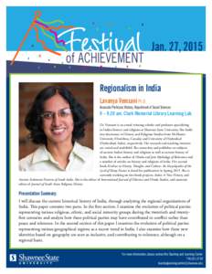 Jan. 27, 2015 Regionalism in India Lavanya Vemsani Ph.D. Associate Professor, History; Department of Social Sciences