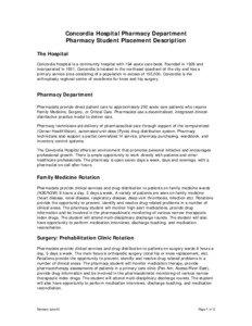 Concordia Hospital Pharmacy Department Pharmacy Student Placement Description The Hospital