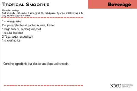 Tropical Smoothie Makes four servings. Each serving has 140 calories, 0 grams (g) fat, 36 g carbohydrate, 2 g of fiber and 60 percent of the daily recommendation of vitamin C.  1 c. orange juice