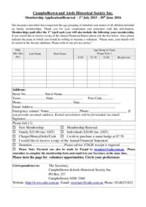 Campbelltown and Airds Historical Society Inc. Membership Application/Renewal - 1st July30th June 2016 Our insurance providers have requested the age grouping of members and names of all children included on fami