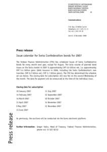 Issue calendar for Swiss Confederation bonds for 2007