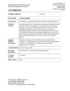 Memorial Hermann 2018 Formulary 2018 Prior Authorization Criteria ACITRETIN Products Affected