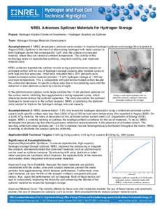 NREL Advances Spillover Materials for Hydrogen Storage (Fact Sheet), Hydrogen and Fuel Cell Technical Highlights (HFCTH), NREL (National Renewable Energy Laboratory)