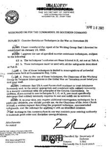 THE SECRETARY O F DEFENSE t 000 DEFENSE PENTAGON WASHINGTON. DC[removed]MEMORANDUM FOR THE COMMANDER US SOWHERN COMMAND SUBJECT: Counter-Resistance Techniques in the War -onTerrorism (S)