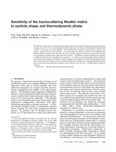 Sensitivity of the backscattering Mueller matrix
to particle shape and thermodynamic phase
