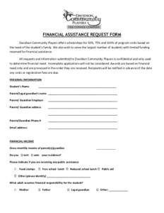 FINANCIAL ASSISTANCE REQUEST FORM Davidson Community Players offers scholarships for 50%, 75% and 100% of program costs based on the need of the student’s family. We also wish to serve the largest number of students wi