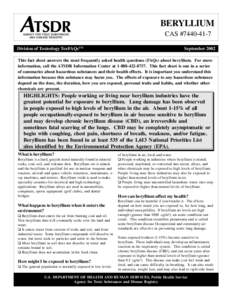 Beryllium / Chemical elements / Toxicology / Occupational safety and health / Berylliosis / Beryllium poisoning / Period / Agency for Toxic Substances and Disease Registry / Polonium / Chemistry / Matter / Medicine