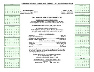 LAKE CENTRAL SCHOOL CORPORATION—STUDENT[removed]—2015 SCHOOL CALENDAR AUGUST 2014 FEBRUARY[removed]