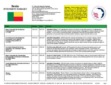 Benin INVESTMENT SUMMARY U.S. African Development Foundation Country Program Coordinator: Eric Newman Carre 116, Zone Residentiel, Rue PNUD, Cotonou, Benin