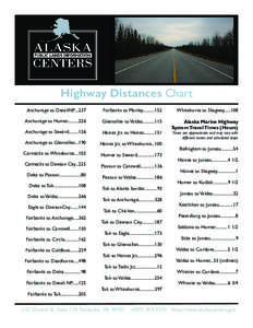 Highway Distances Chart Anchorage to DenaliNP[removed]Fairbanks to Manley[removed]Whitehorse to Skagway[removed]