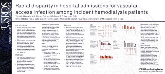 Racial disparity in hospital admissions for vascular access infection among incident hemodialysis patients Tricia L. Roberts, MS, Allan J. Collins, MD, David T. Gilbertson, PhD United States Renal Data System, Minneapoli