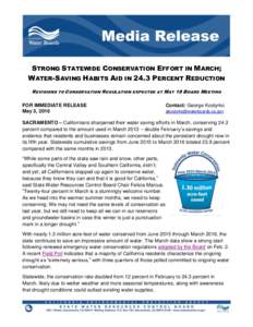 STRONG STATEWIDE CONSERVATION EFFORT IN MARCH; WATER-SAVING HABITS AID IN 24.3 PERCENT REDUCTION REVISIONS TO CONSERVATION REGULATION EXPECTED AT M AY 18 BOARD MEETING FOR IMMEDIATE RELEASE May 3, 2016