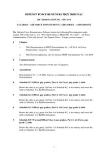 DEFENCE FORCE REMUNERATION TRIBUNAL DETERMINATION NO. 3 OF 2014 SALARIES – AIR FORCE EMPLOYMENT CATEGORIES – AMENDMENT The Defence Force Remuneration Tribunal makes the following Determination under section 58H of th