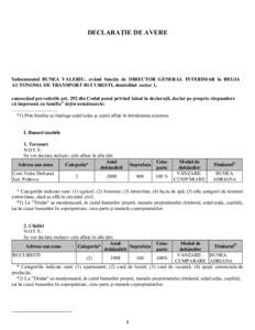 DECLARAŢIE DE AVERE  Subsemnatul BUNEA VALERIU, având funcţia de DIRECTOR GENERAL INTERIMAR la REGIA AUTONOMA DE TRANSPORT BUCURESTI, domiciliul sector 1, cunoscând prevederile art. 292 din Codul penal privind falsul