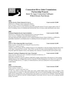 Connecticut River Joint Commissions Partnership Projects Basin 16: Upper Connecticut-NulheganWillard Stream-Paul Stream 2006 Aquatic Invasive Plants Outreach & Survey Grant awarded: $5,000