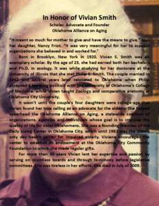 In Honor of Vivian Smith Scholar, Advocate and Founder Oklahoma Alliance on Aging 