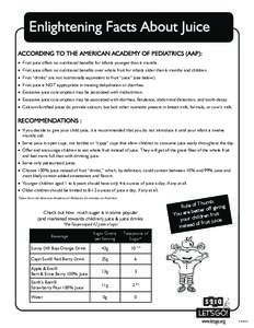 Enlightening Facts About Juice ACCORDING TO THE AMERICAN ACADEMY OF PEDIATRICS (AAP):  Fruit juice offers no nutritional benefits for infants younger than 6 months.  Fruit juice offers no nutritional benefits